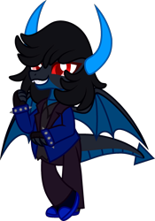 Size: 1623x2321 | Tagged: safe, artist:x-starshade-x, artist:yogurtscotch, derpibooru import, oc, oc only, oc:flare storm, dragon, base used, bipedal, clothes, colored horn, colored wings, dragon oc, fangs, fingerless gloves, gloves, grin, horn, horns, male, multicolored wings, non-pony oc, pants, red eyes, shoes, simple background, smiling, solo, suit, transparent background, wings