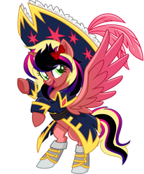 Size: 1627x1970 | Tagged: safe, artist:element bases, artist:kiracatastic, derpibooru import, oc, oc only, oc:flora heart, alicorn, alicorn oc, base used, big hat, boots, bow, clothes, coat, colored wings, fusion, fusion:oc:maria floraquartz, fusion:oc:surge navyheart, gradient mane, gradient tail, gradient wings, green eyes, hair bow, hat, horn, intersex, looking at you, pirate hat, rearing, shoes, simple background, solo, spread wings, tail, transparent background, wings