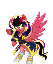 Size: 1627x1970 | Tagged: safe, alternate version, artist:elementbases, artist:kiracatastic, derpibooru import, oc, oc only, oc:flora heart, alicorn, alicorn oc, base used, boots, bow, clothes, coat, colored wings, fusion, fusion:oc:maria floraquartz, fusion:oc:surge navyheart, gradient mane, gradient tail, gradient wings, green eyes, hair bow, horn, intersex, looking at you, rearing, shoes, simple background, solo, spread wings, tail, transparent background, wings