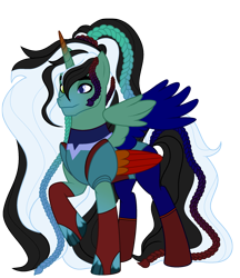 Size: 1991x2302 | Tagged: safe, alternate version, artist:kiracatastic, artist:mariella999, derpibooru import, oc, oc:aether heart, alicorn, alicorn oc, base used, black and white mane, blue eyes, body markings, bodysuit, braid, clothes, colored hooves, colored pupils, colored wings, colored wingtips, facial markings, folded wings, fusion, fusion:oc:emerald hunter, fusion:oc:silver froze, fusion:oc:solarstorm shadow, fusion:oc:surge navyheart, gradient horn, gradient legs, gradient mane, gradient tail, green eyes, heterochromia, hoof polish, horn, long hair, long mane, long tail, male, male alicorn, male alicorn oc, mismatched eyes, multicolored wings, multiple wings, partially open wings, ponytail, raised hoof, raised leg, stallion, standing, tail, unshorn fetlocks, wings