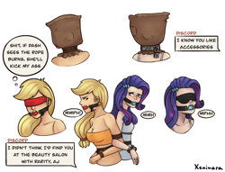 Size: 2170x1659 | Tagged: safe, artist:xeninara, derpibooru import, applejack, rarity, human, bag on head, ballgag, blindfold, bondage, bound, bound together, dialogue, duo, duo female, female, gag, humanized, implied discord, muffled words, offscreen character, rope, rope bondage, ropes, simple background, speech bubble, thought bubble, tied up, white background