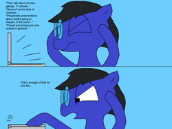 Size: 2000x1500 | Tagged: safe, artist:blazewing, derpibooru import, oc, oc only, oc:blazewing, pegasus, 2 panel comic, atg 2023, blue background, comic, computer, drawpile, eyes closed, glasses, headache, internet, laptop computer, male, newbie artist training grounds, relatable, simple background, solo, stallion, stressed, text