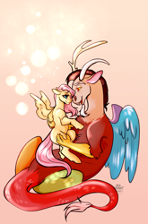 Size: 1561x2361 | Tagged: safe, artist:termosthecorgi, derpibooru import, discord, fluttershy, draconequus, pegasus, pony, 2023, antlers, discoshy, duo, duo male and female, eye contact, eyebrows, eyebrows visible through hair, female, looking at each other, looking at someone, male, mare, mismatched wings, open mouth, open smile, partially open wings, pink background, shipping, signature, simple background, size difference, smiling, smiling at each other, spread wings, straight, wings