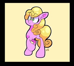 Size: 1800x1603 | Tagged: safe, artist:galaxydream22, derpibooru import, earth pony, pony, g4, constelle, female, lucky star (g4), mare, passepartout, raised hoof, raised leg, simple background, solo, tail, yellow background