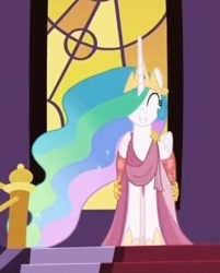 Size: 265x329 | Tagged: safe, derpibooru import, screencap, princess celestia, alicorn, canterlot boutique, make new friends but keep discord, beautiful, canterlot, carpet, clothes, cropped, crown, dress, eyes closed, female, gala dress, gown, grand galloping gala, happy, jewelry, mare, regalia, solo, stained glass, stairs, tiara