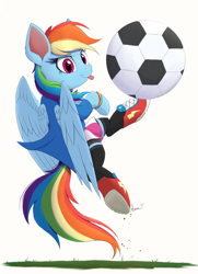 Size: 1448x2000 | Tagged: safe, artist:arcane-thunder, derpibooru import, rainbow dash, pegasus, pony, :p, clothes, equestria girls outfit, female, football, mare, solo, sports, tongue, tongue out