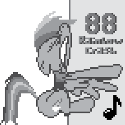 Size: 3750x3750 | Tagged: safe, artist:baron-kettell, artist:polygonical, derpibooru import, rainbow dash, pegasus, pony, 8-bit, album cover, female, game boy, grayscale, gritted teeth, high res, mare, monochrome, music notes, pixel art, rainbow crash, simple background, solo, teeth, transparent background