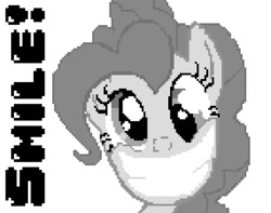 Size: 1023x808 | Tagged: safe, artist:baron-kettell, artist:polygonical, derpibooru import, pinkie pie, earth pony, pony, a friend in deed, season 1, 8-bit, big grin, bust, derp, female, game boy, grayscale, grin, mare, monochrome, pixel art, portrait, simple background, smile song, smiling, solo, song cover, white background