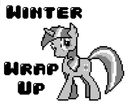 Size: 775x684 | Tagged: safe, artist:baron-kettell, artist:polygonical, derpibooru import, twilight sparkle, unicorn twilight, pony, unicorn, season 1, winter wrap up, 8-bit, female, game boy, grayscale, mare, monochrome, pixel art, pose, simple background, solo, song cover, white background, winter wrap up song