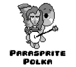 Size: 775x684 | Tagged: safe, artist:baron-kettell, artist:polygonical, derpibooru import, pinkie pie, earth pony, pony, season 1, swarm of the century, 8-bit, accordion, banjo, female, game boy, grayscale, harmonica, mare, monochrome, musical instrument, one man band, parasprite polka, pixel art, simple background, solo, song cover, tuba, white background