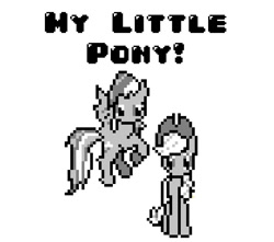 Size: 775x684 | Tagged: safe, artist:baron-kettell, artist:polygonical, derpibooru import, applejack, rainbow dash, earth pony, pegasus, pony, 8-bit, duo, female, flying, game boy, grayscale, mare, monochrome, pixel art, simple background, song cover, theme song, white background