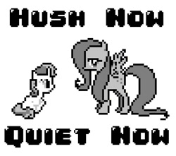 Size: 775x684 | Tagged: safe, artist:baron-kettell, artist:polygonical, derpibooru import, fluttershy, sweetie belle, pegasus, pony, unicorn, season 1, stare master, 8-bit, duo, female, filly, foal, game boy, grayscale, hush now lullaby, hush now quiet now, mare, monochrome, pixel art, simple background, sitting, song cover, white background