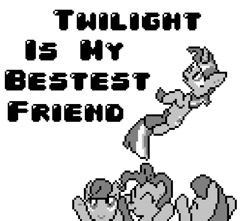 Size: 775x684 | Tagged: safe, artist:baron-kettell, artist:polygonical, derpibooru import, carrot top, golden harvest, parasol, pinkie pie, twilight sparkle, unicorn twilight, earth pony, pony, unicorn, season 1, the ticket master, 8-bit, ^^, eyes closed, female, game boy, grayscale, mare, monochrome, pixel art, simple background, song cover, the ticket song, white background