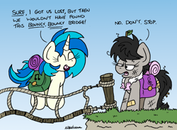 Size: 2348x1716 | Tagged: safe, artist:bobthedalek, derpibooru import, dj pon-3, octavia melody, vinyl scratch, earth pony, pony, unicorn, atg 2023, bandaid, bowtie, duo, female, hiking, jumping, mare, messy mane, moments before disaster, newbie artist training grounds, octavia is not amused, rope bridge, this will end in death, this will end in tears, this will end in tears and/or death, unamused