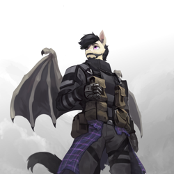 Size: 3000x3000 | Tagged: safe, artist:nsilverdraws, derpibooru import, oc, oc only, oc:jackal-macallaidh, anthro, bat pony, amputee, anthro oc, bat pony oc, beard, clothes, commission, facial hair, kilt, military, military uniform, prosthetic limb, prosthetics, science fiction, spacesuit, uniform, wings