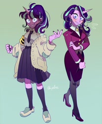 Size: 1900x2300 | Tagged: safe, artist:pelma, derpibooru import, starlight glimmer, human, unicorn, equestria girls, blushing, clothes, ear piercing, female, humanized, jacket, looking at you, necktie, piercing, s5 starlight, skirt, smiling