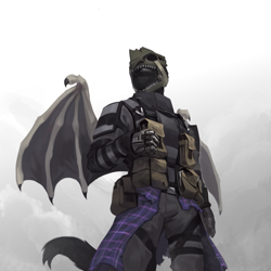 Size: 3000x3000 | Tagged: safe, artist:nsilverdraws, derpibooru import, oc, oc only, oc:jackal-macallaidh, anthro, bat pony, amputee, anthro oc, bat pony oc, bat wings, clothes, commission, helmet, kilt, military, military uniform, prosthetic limb, prosthetics, science fiction, skull, spacesuit, uniform, wings