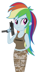 Size: 567x1080 | Tagged: safe, artist:ah96, artist:edy_january, derpibooru import, editor:ah96, rainbow dash, human, better together, equestria girls, belly button, breasts, camouflage, clothes, gun, marine, marines, military, military uniform, mp9, rainboob dash, simple background, soldier, solo, stupid sexy rainbow dash, submachinegun, tanktop, tmp, transparent background, trigger discipline, uniform, united states, usmc, vulgar description, weapon