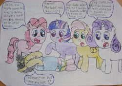 Size: 3859x2710 | Tagged: safe, derpibooru import, fluttershy, pinkie pie, rarity, twilight sparkle, oc, earth pony, pegasus, unicorn, g4, big eyes, clothes, dialogue, graph paper, hooves, open mouth, shame, shirt, simple background, socks, striped socks, surprised, traditional art, white background