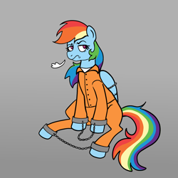 Size: 2048x2048 | Tagged: safe, artist:crypticcervine, derpibooru import, rainbow dash, bound wings, chained, chains, clothes, commissioner:rainbowdash69, female, frustrated, gradient background, mare, never doubt rainbowdash69's involvement, prison outfit, prisoner rd, shackles, shirt, solo, undershirt, wings