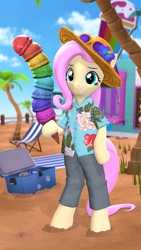 Size: 2160x3840 | Tagged: safe, artist:owlpirate, derpibooru import, fluttershy, pegasus, semi-anthro, 3d, 4k, beach, clothes, female, hat, hawaiian shirt, high res, hoof hold, ice cream cone, looking at you, mare, shirt, smiling, smiling at you, solo, source filmmaker, sun hat, sunglasses, sunglasses on head