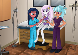 Size: 1063x752 | Tagged: safe, artist:lavenderrain24, derpibooru import, desert sage, fleur-de-lis, frosty orange, human, equestria girls, bra, checkup, clothes, cute, exam table, nurse, scrubs (gear), stethoscope, underwear