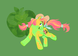 Size: 2048x1463 | Tagged: safe, artist:msponies, derpibooru import, earth pony, pony, bow, fusion, fusion:applejack, fusion:minty, green background, hat, ponytail, simple background, solo, tail, tail bow