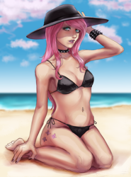 Size: 1280x1727 | Tagged: safe, artist:cjemnaa, derpibooru import, fluttershy, human, beach, belly button, belly piercing, bikini, black swimsuit, breasts, choker, cleavage, clothes, cutie mark on human, eyebrow piercing, female, fluttergoth, hat, humanized, kneeling, lip piercing, nose piercing, nose ring, piercing, solo, spiked choker, spiked wristband, sun hat, swimsuit, wristband