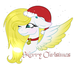 Size: 1065x936 | Tagged: safe, artist:angellightyt, derpibooru import, oc, oc only, oc:angel light, pegasus, pony, bell, bell collar, blushing, bust, christmas, collar, eyelashes, female, hat, holiday, mare, one ear down, one eye closed, pegasus oc, santa hat, simple background, smiling, solo, spread wings, transparent background, wings, wink