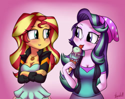 Size: 1024x811 | Tagged: safe, artist:queentigrel, derpibooru import, starlight glimmer, sunset shimmer, human, equestria girls, mirror magic, spoiler:eqg specials, 2017, :p, beanie, blushing, breasts, cleavage, clothes, crossed arms, duo, duo female, eyebrows, female, food, geode of empathy, hat, ice cream, ice cream cone, jacket, jewelry, leather, leather jacket, lesbian, looking at each other, magical geodes, necklace, raised eyebrow, reasonably sized breasts, shimmerglimmer, shipping, smiling, that human sure does love ice cream, tongue, tongue out