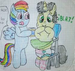 Size: 2611x2440 | Tagged: safe, derpibooru import, rainbow dash, oc, pegasus, unicorn, g4, abdl, baby chair, clothes, diaper, diaper fetish, disgusted, fetish, gagging, graph paper, open mouth, scolding, socks, striped socks, traditional art