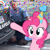 Size: 551x551 | Tagged: safe, edit, pinkie pie, earth pony, human, pony, confetti, derek chauvin, female, george floyd, hat, irl, mare, nigger, party hat, party horn, police, smiling