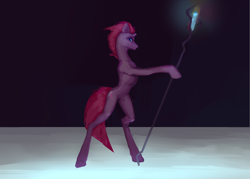 Size: 6470x4631 | Tagged: safe, artist:gemm, derpibooru import, tempest shadow, pony, unicorn, bipedal, broken horn, eye scar, facial scar, horn, rampant, scar, side view, sinister (heraldry), solo, staff, staff of sacanas