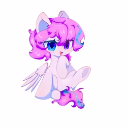 Size: 4000x4000 | Tagged: safe, artist:fuzzycyclone, derpibooru import, oc, oc only, oc:fuzzycyclone, pegasus, pony, blue eyes, curly hair, cute, ear fluff, ears, happy, heterochromia, open mouth, pink hair, pink skin, purple eyes, raised leg, shy, wings