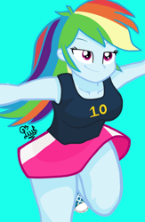 Size: 720x1103 | Tagged: safe, artist:flutteryaylove, derpibooru import, rainbow dash, equestria girls 10th anniversary, equestria girls, blouse, clothes, converse, miniskirt, running, shoes, simple background, skirt, smiling, sports