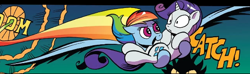 Size: 534x157 | Tagged: safe, artist:andypriceart, derpibooru import, idw, rainbow dash, rarity, pegasus, pony, unicorn, spoiler:comic102, catching, comic, comic panel, cropped, duo, holding a pony, large wings, screencap comic, wings