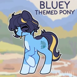 Size: 1080x1080 | Tagged: safe, artist:nawnii, derpibooru import, oc, oc only, earth pony, pony, background, bluey, ponified, ponysona, raised hoof, raised leg, signature, species swap, spots, text