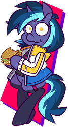 Size: 3294x6165 | Tagged: safe, artist:threetwotwo32232, derpibooru import, oc, oc:twilight aurora, pony, unicorn, bipedal, burger, female, food, looking at you, mare, simple background, transparent background