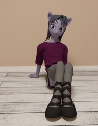 Size: 2520x3240 | Tagged: safe, artist:cicada bluemoon, derpibooru import, oc, oc only, oc:cicada bluemoon, anthro, 3d, anthro oc, clothes, crossdressing, femboy, leg focus, looking at you, male, room, shirt, shoes, sitting, skirt, socks, solo, stockings, t-shirt, thigh highs