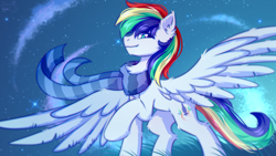 Size: 2500x1406 | Tagged: safe, artist:fluffywhirlpool, derpibooru import, oc, oc only, oc:manti'core, pegasus, pony, chest fluff, clothes, ear fluff, ears, eye clipping through hair, eyebrows, eyebrows visible through hair, full body, looking at you, male, multicolored mane, multicolored tail, pegasus oc, raised hoof, raised leg, scarf, sky, sky background, smiling, smiling at you, solo, spread wings, stallion, stars, striped scarf, tail, wings