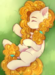 Size: 1833x2500 | Tagged: safe, artist:fluffywhirlpool, derpibooru import, pear butter, earth pony, pony, chest fluff, cute, ear fluff, ears, eyes closed, female, flower, flower in hair, full body, grass, grass field, hair tie, lying down, mare, on side, orange mane, orange tail, pearabetes, redraw, solo, tail