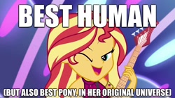 Size: 1920x1080 | Tagged: safe, derpibooru import, edit, edited screencap, screencap, sunset shimmer, human, equestria girls, best human, best pony, caption, guitar, image macro, implied pony, musical instrument, one eye closed, open mouth, open smile, smiling, text, wink