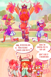 Size: 1031x1530 | Tagged: safe, artist:sockiepuppetry, derpibooru import, ocellus, prince rutherford, princess ember, smolder, thorax, yona, changedling, human, ;p, cellphone, cheerleader, cheerleader outfit, clothes, comic, commission, crossdressing, dialogue, embarrassed, eyes closed, facepalm, female, horn, horned humanization, horns, humanized, implied garble, king thorax, laughing, male, one eye closed, open mouth, open smile, phone, pom pom, smartphone, smiling, speech bubble, this will end in banishment, tongue, tongue out