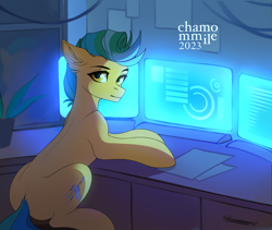 Size: 3216x2715 | Tagged: safe, artist:chamommile, derpibooru import, oc, oc only, earth pony, pony, commission, computer, earth pony oc, full body, hologram, looking at you, male, monitor, not hitch trailblazer, smiling, smiling at you, solo