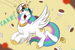 Size: 1500x1000 | Tagged: safe, artist:rapid9, derpibooru import, princess celestia, alicorn, pony, cake, cakelestia, crying, female, food, hoof shoes, mare, open mouth, open smile, sillestia, silly, silly pony, smiling, solo, tears of joy