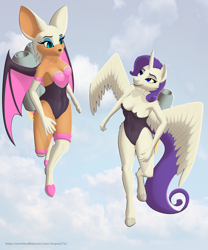 Size: 1067x1280 | Tagged: safe, artist:leopon276, derpibooru import, rarity, alicorn, anthro, bat, unguligrade anthro, alicornified, bat wings, boots, breasts, cleavage, clothes, cloud, crossover, duo, feathered wings, female, flying, horn, jetpack, leotard, race swap, raricorn, rouge the bat, shoes, sky, smiling, sonic the hedgehog (series), spread wings, thigh boots, wings