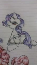 Size: 720x1280 | Tagged: safe, artist:nekubi, derpibooru import, rarity, pony, unicorn, blushing, butt, colored pencil drawing, female, grumpy, lined paper, looking at you, looking back, looking back at you, mare, plot, sitting, sketch, traditional art