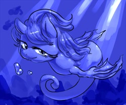 Size: 600x500 | Tagged: safe, artist:nekubi, derpibooru import, sea pony, crepuscular rays, looking at you, solo, underwater, water