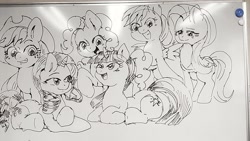 Size: 1280x720 | Tagged: safe, artist:nekubi, derpibooru import, applejack, fluttershy, pinkie pie, rainbow dash, rarity, twilight sparkle, unicorn twilight, earth pony, pegasus, pony, unicorn, female, grin, lying down, mane six, mare, marker drawing, open mouth, open smile, prone, sketch, smiling, traditional art, whiteboard