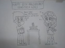 Size: 1875x1393 | Tagged: safe, artist:aldringaldofightww2, derpibooru import, sunset shimmer, surprise, oc, equestria girls, anniversary art, cake, canon x oc, food, traditional art